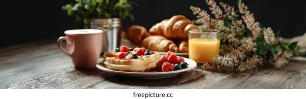 Delicious Breakfast Food with Coffee and Croissants