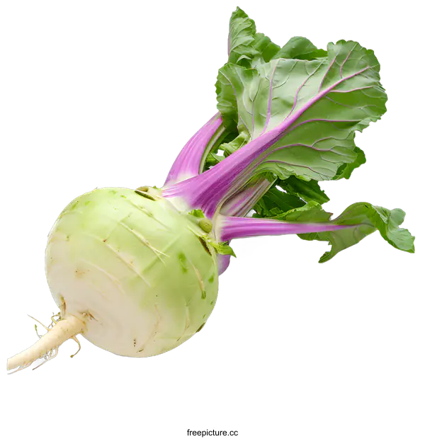 [Transparent Background PNG]Fresh Green Kohlrabi with Purple Stems on White Background