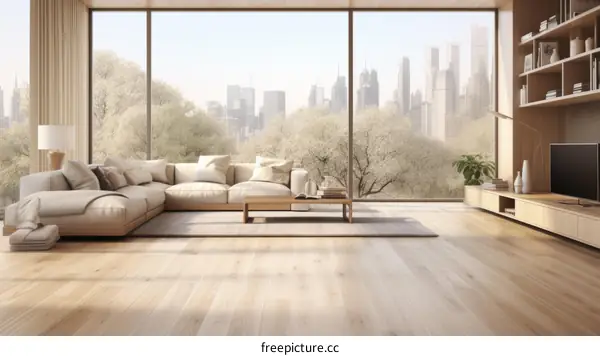 Modern and minimalist living room with large windows and city view