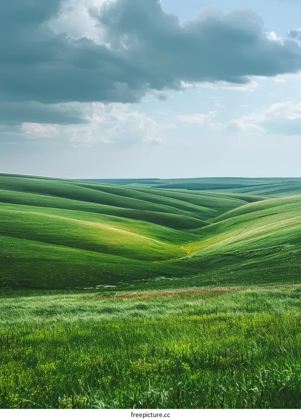 Green Rolling Hills Under Cloudy Skies