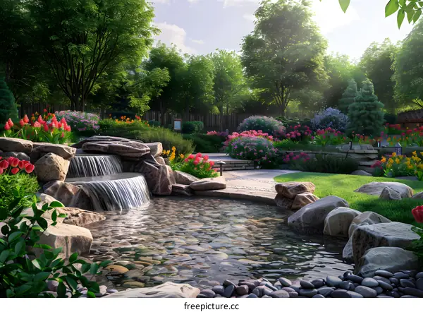 A beautiful garden with a waterfall and a stone path