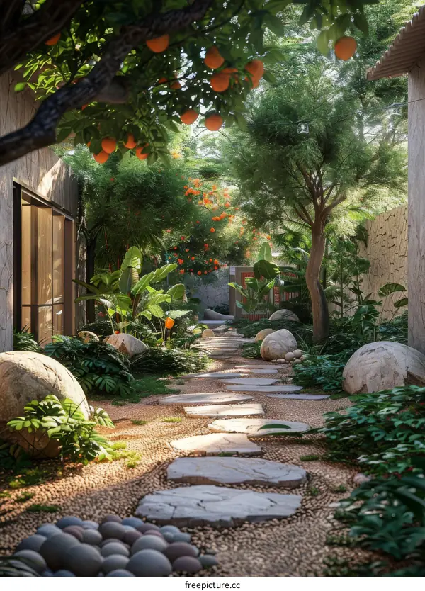 Courtyard landscape design, surrounded by green courtyard gardens