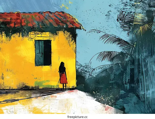 Girl outside Yellow House