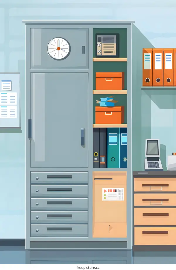 Office Cabinet Illustration with Drawers and Shelf