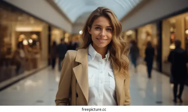 Portrait of a beautiful young woman with long blond hair smiling in a shopping mall