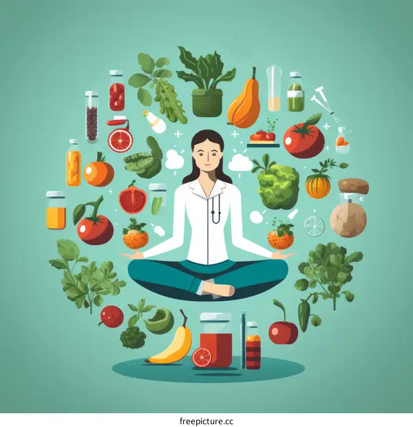 A doctor surrounded by healthy food items is meditating