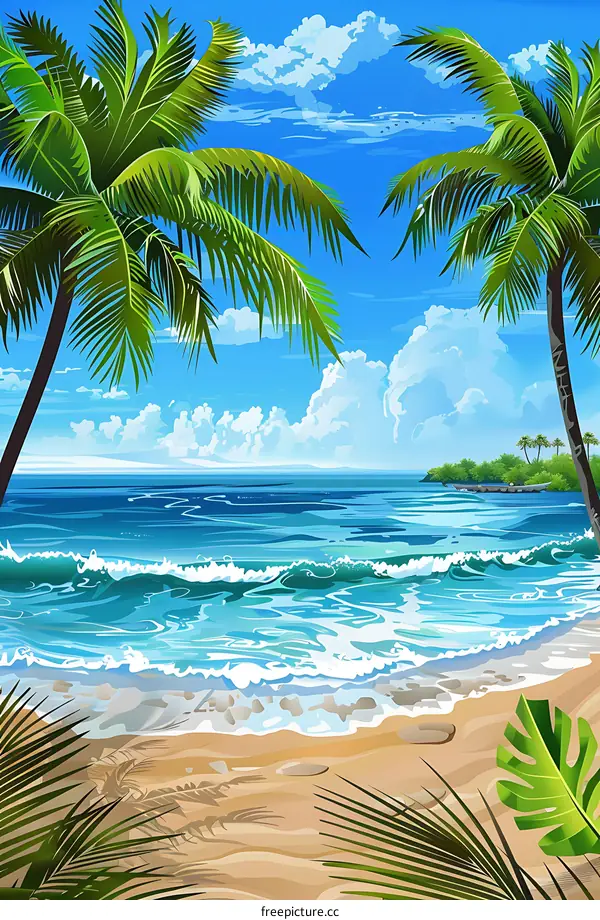 Palm Trees On Beach With Ocean and Blue Sky