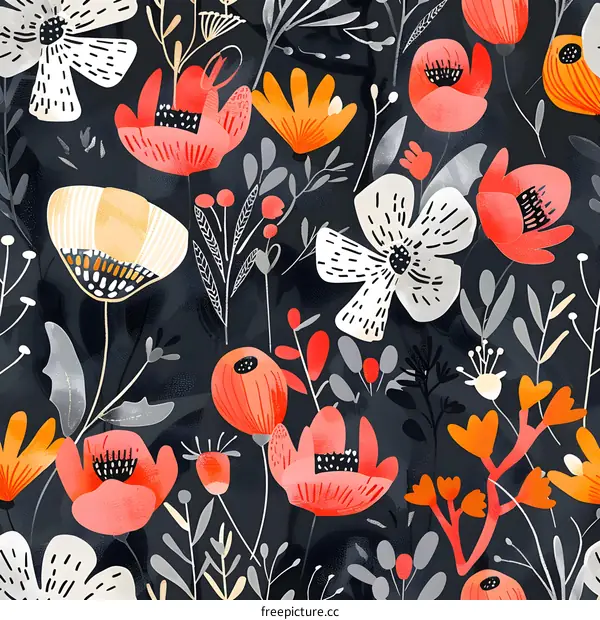 Dark Floral Seamless Pattern with Orange and White Flowers