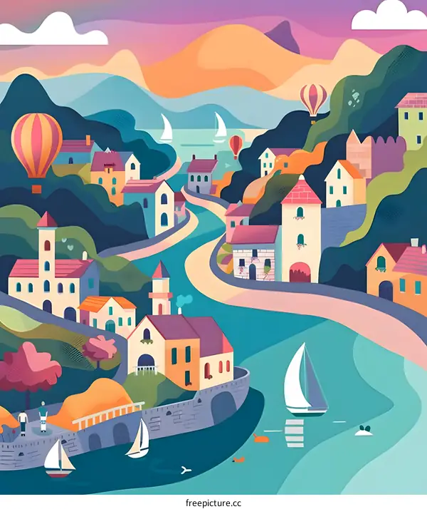 Colorful Illustration of a Small Town with Boats and Hot Air Balloons