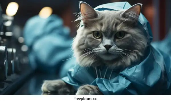 A gray cat wearing a blue surgical gown