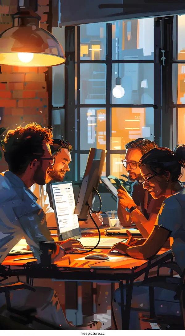 Four people in a room working together