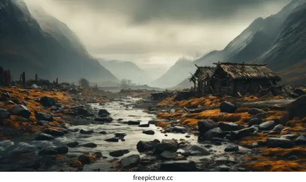 Thatched roof hut in a valley between mountains with a river running through it