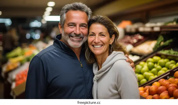 Happy couple shopping for groceries in the produce section of a supermarket