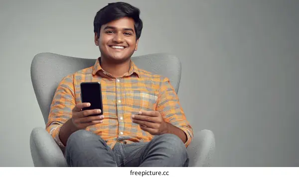 Happy Young Man Using Smartphone in a Comfortable Chair