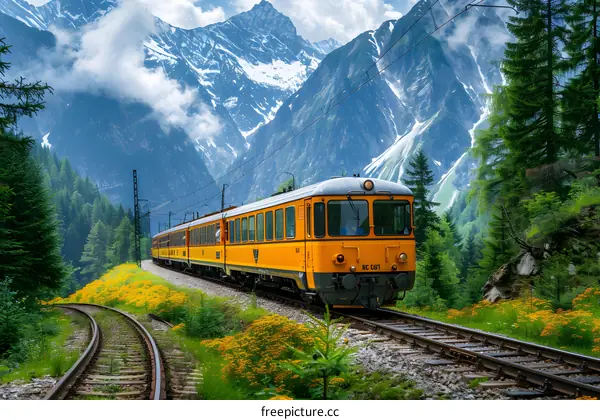 Yellow train passing through a lush green valley with snow capped mountains in the distance