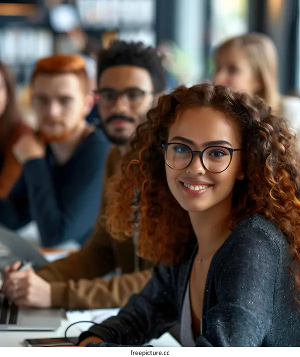 portrait of a young woman smiling wearing glasses with curly hair in a group of people