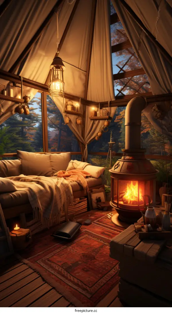 Cozy living room with fireplace and forest view