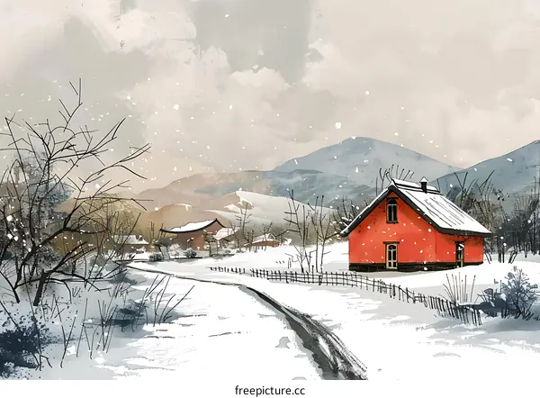 Red House in Snowy Mountain Landscape