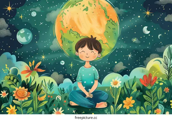 Little Boy Meditating with Earth on Head