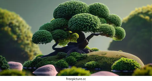 A beautiful bonsai tree with green leaves and a gnarled trunk