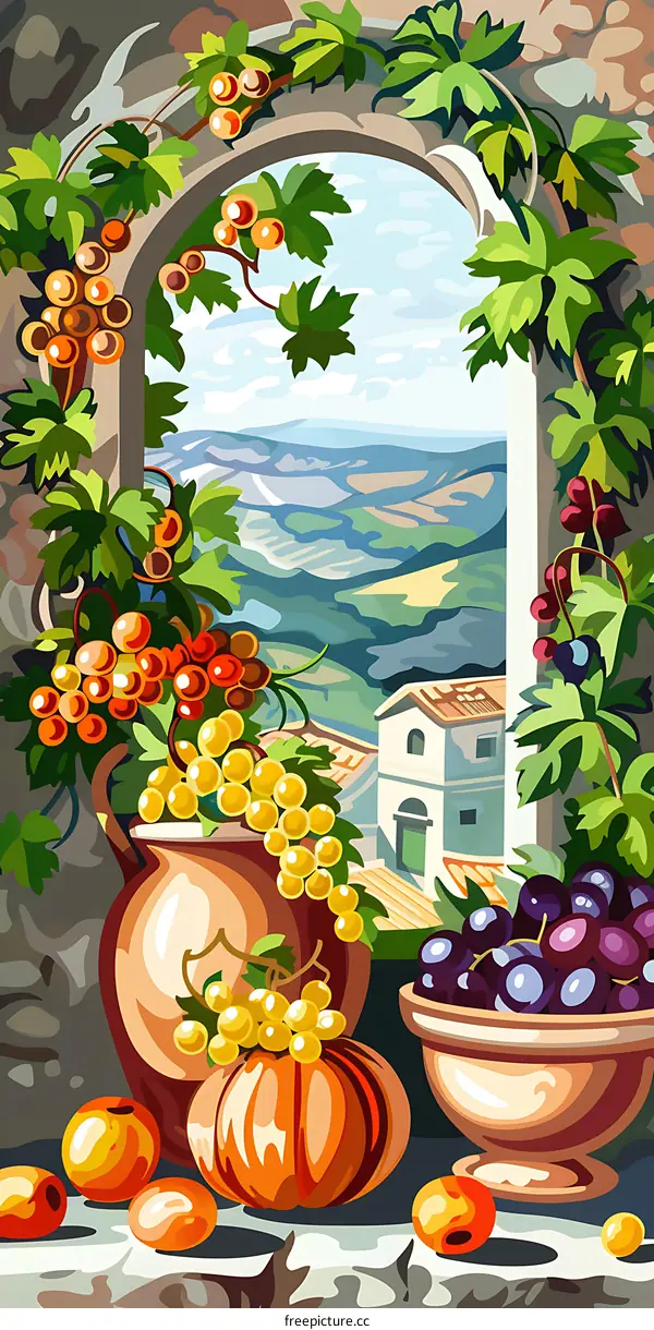 Still Life with Grapes and Pumpkins in a Window