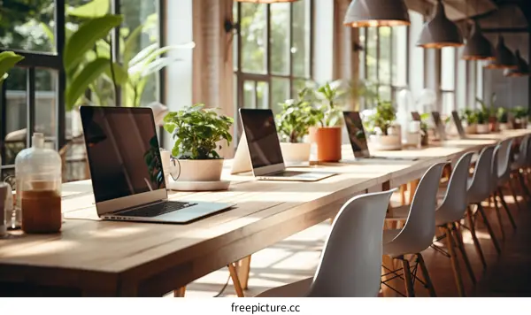 Modern office interior with empty wooden table and chairs in front of large windows