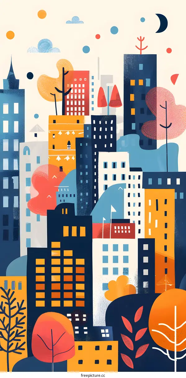 Abstract Cityscape with Colorful Buildings and Trees