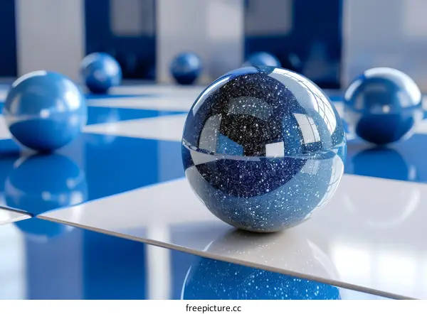 Abstract Blue and White Spheres on Reflective Surface