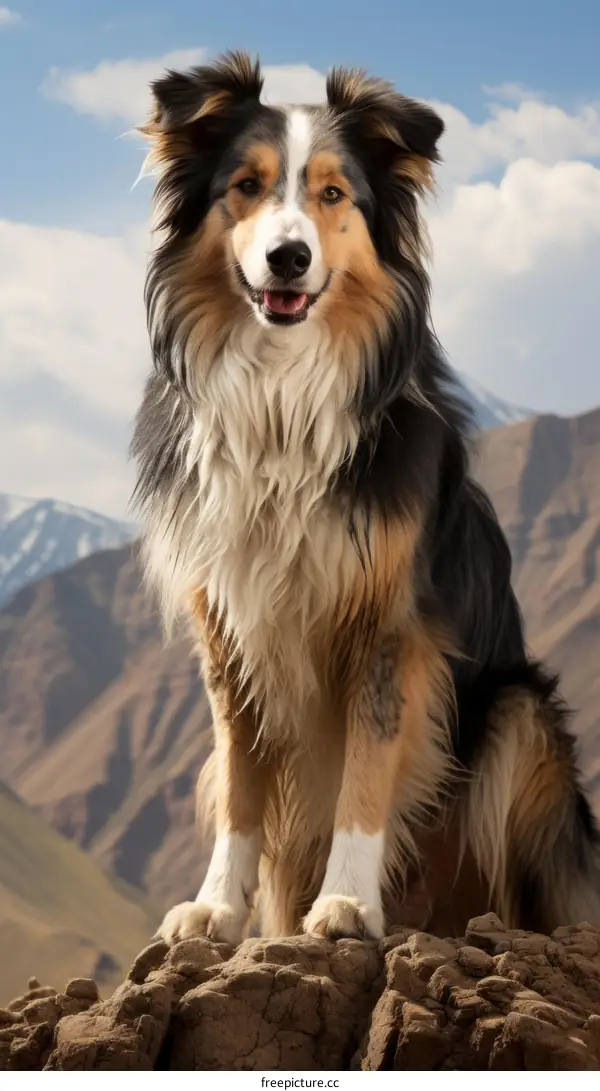 A Border Collie standing on a rock in the mountains