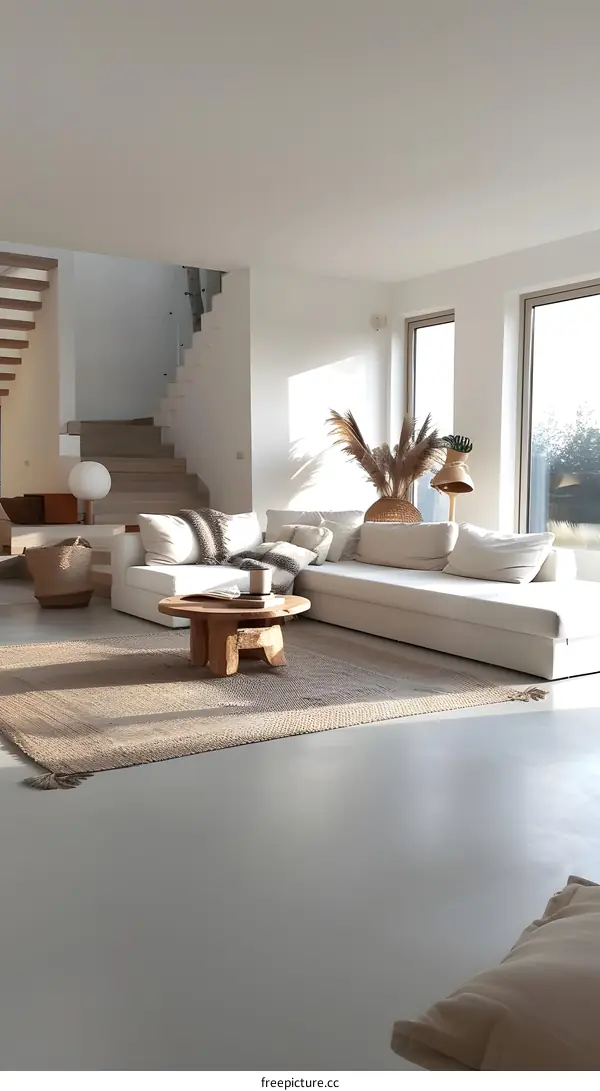 Modern Minimalist Living Room Interior Design With White Sofa And Wooden Coffee Table