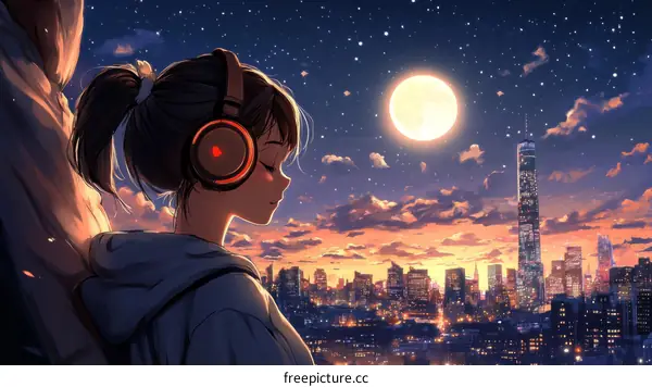 Anime Girl Listening to Music with Cityscape Background