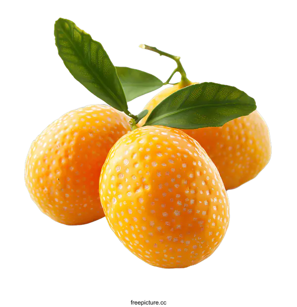 [Transparent Background PNG]three yellow citrus fruits with green leaves on a white background