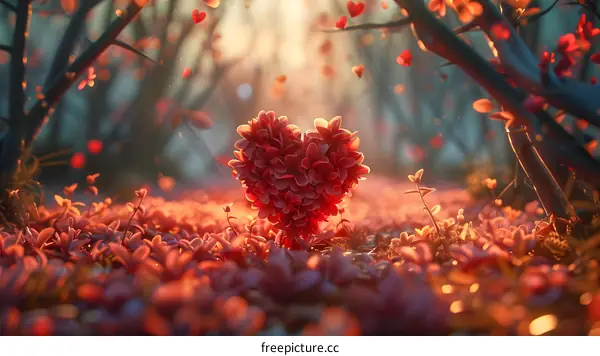 Flower shaped red heart in the middle of a red leaves forest