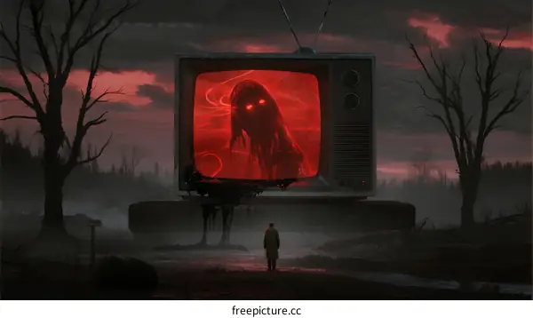 Eerie Figure Emerging from Old TV in Mysterious Forest