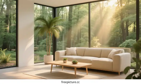 Modern Living Room with Large Windows and Forest View