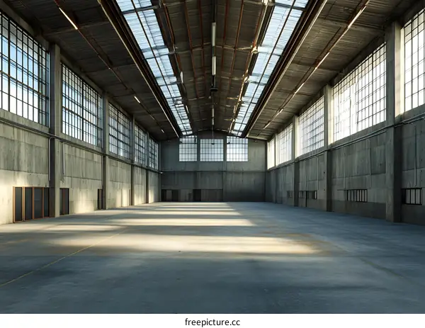 Empty Industrial Warehouse Interior with Large Windows