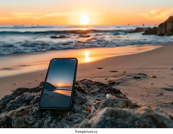 Sunset Beach with a Phone Showing Another Sunset