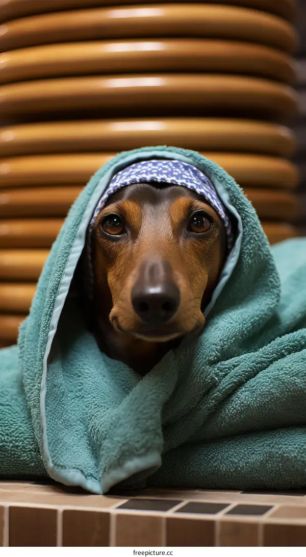 A wet dachshund dog wearing a blue and white patterned bandana