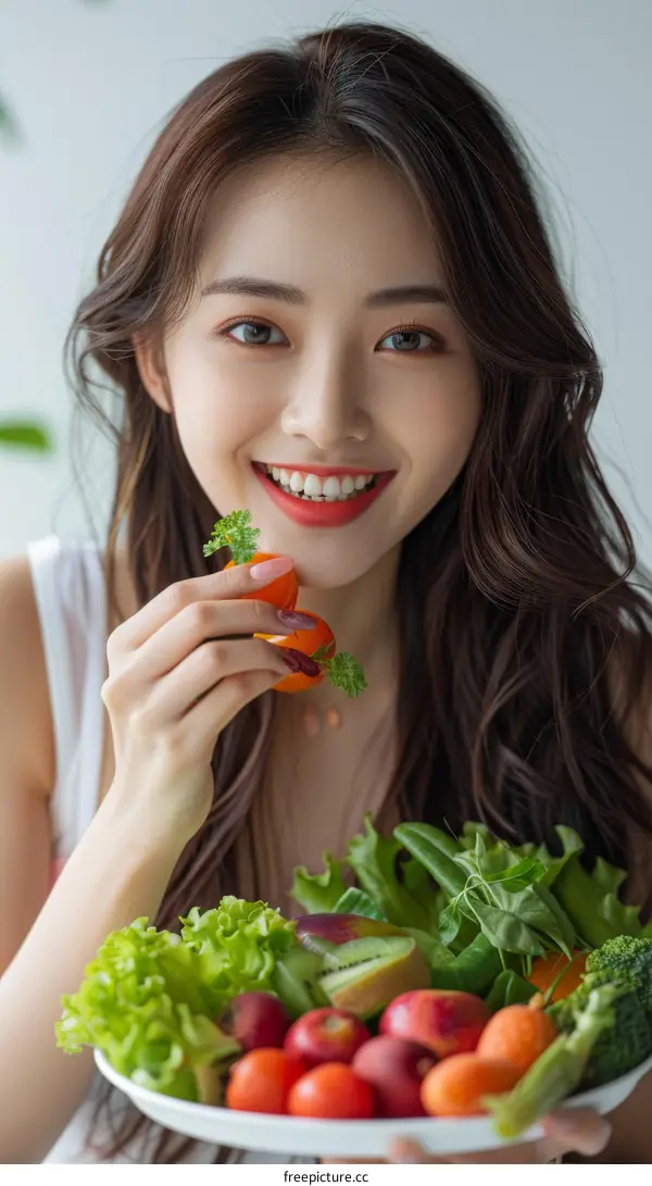 Asian woman eating a cherry tomato from a plate of vegetables