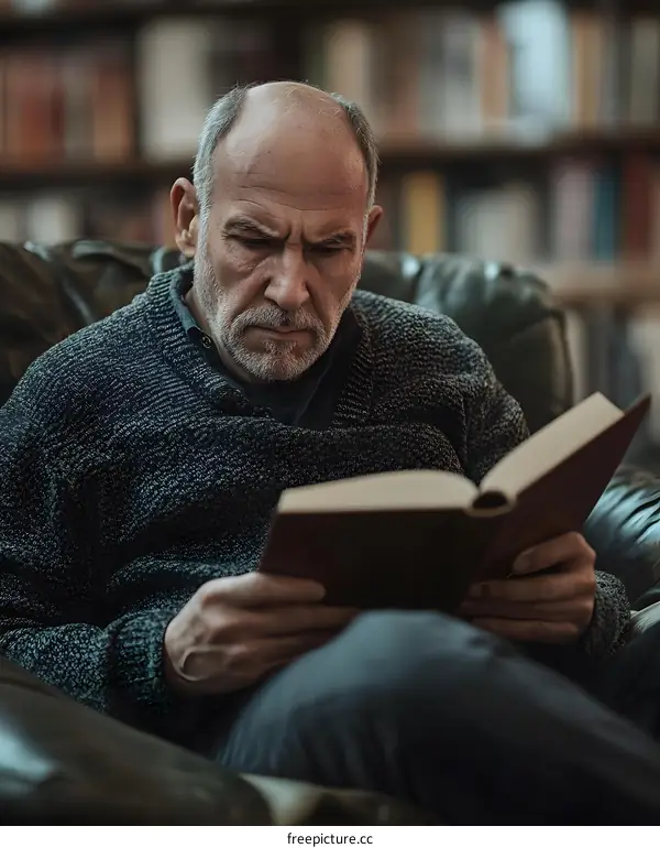 Senior Man Reading Book in a Library