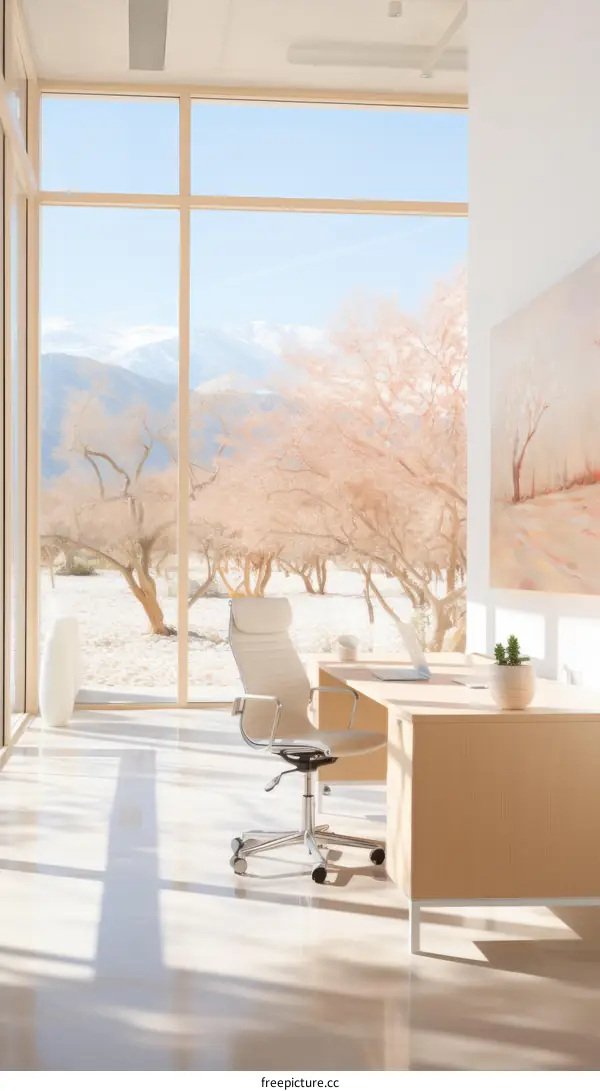 Desert landscape with mountains and Joshua trees from modern home office