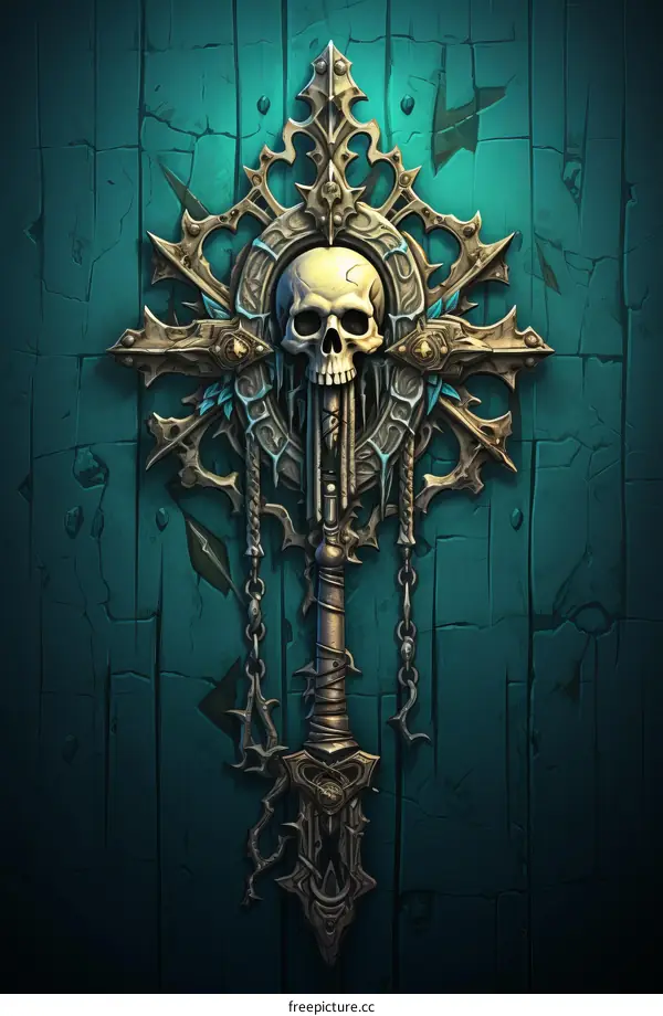 ornate skull and sword wall plaque