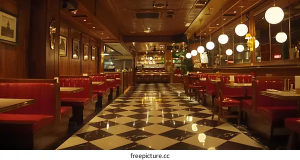 An empty restaurant with red leather booths and a black and white checkered floor