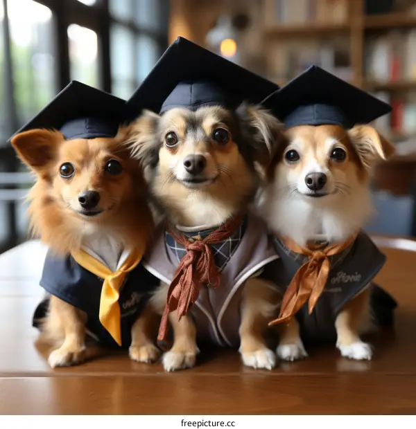 Three dogs wearing graduation caps and gowns