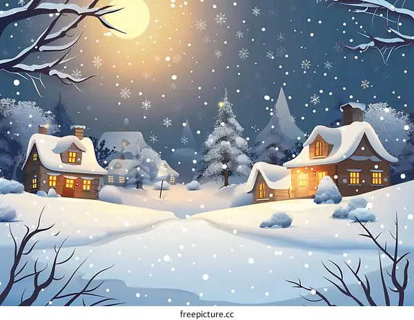 Snowy Winter Night Village Landscape