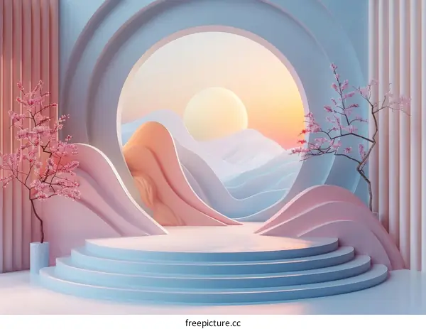 Pastel Pink and Blue Aesthetic Scene with Cherry Blossom and Mountains