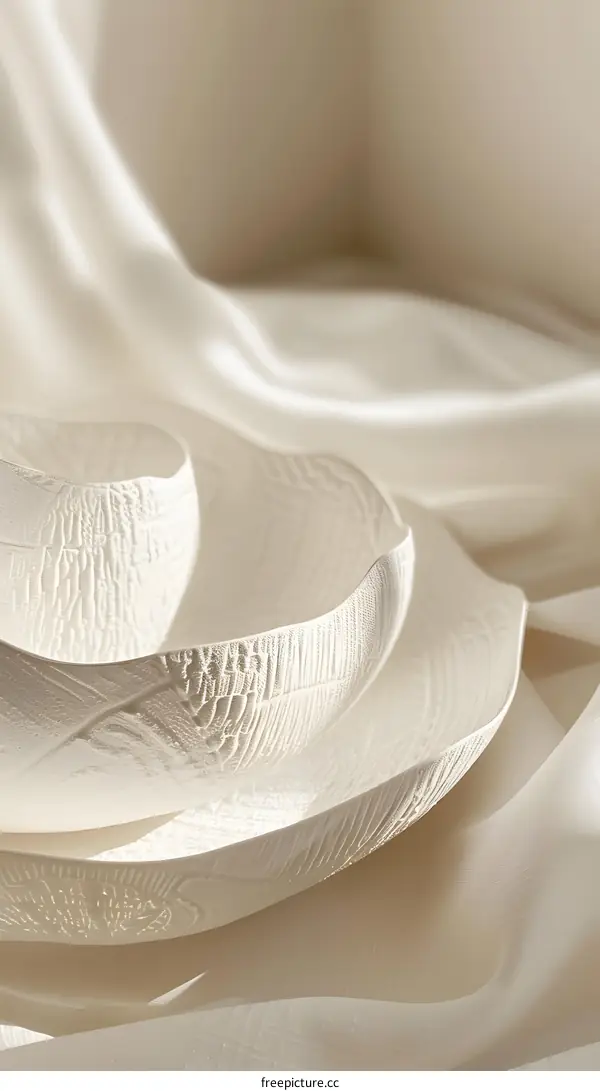 White Ceramic Bowls with Satin Fabric Background