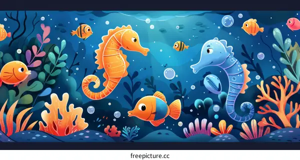 Two seahorses and some fishes are swimming in the ocean