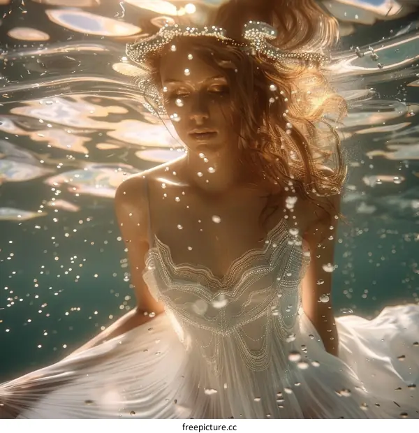Woman in White Dress Floating Underwater