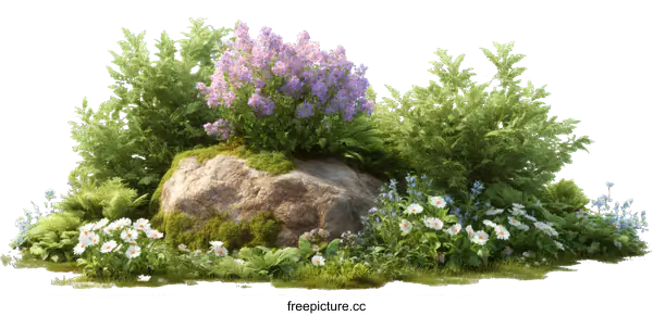 [Transparent Background PNG]3D Rendered Garden Rockery with Flowers and Plants